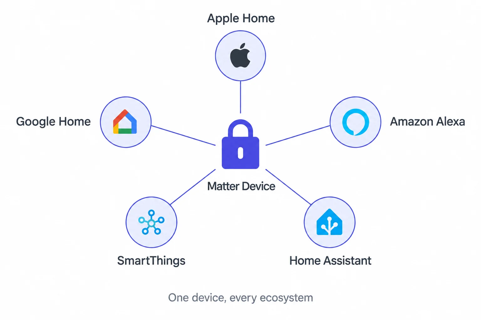Matter interoperability diagram: one Matter device can be connected and controlled by Apple Home, Google Home, Amazon Alexa, SmartThings and Home Assistant at the same time